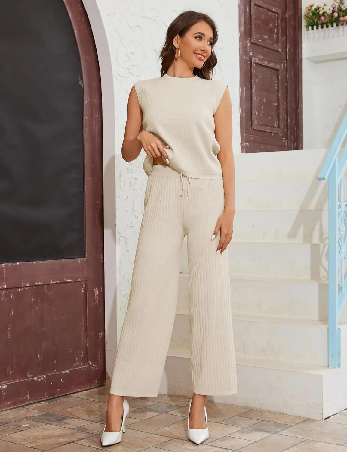Womens 2 Piece Knit Lounge Set Sleeveless Ribbed Pullover Top and Wide Leg Pants Outfit