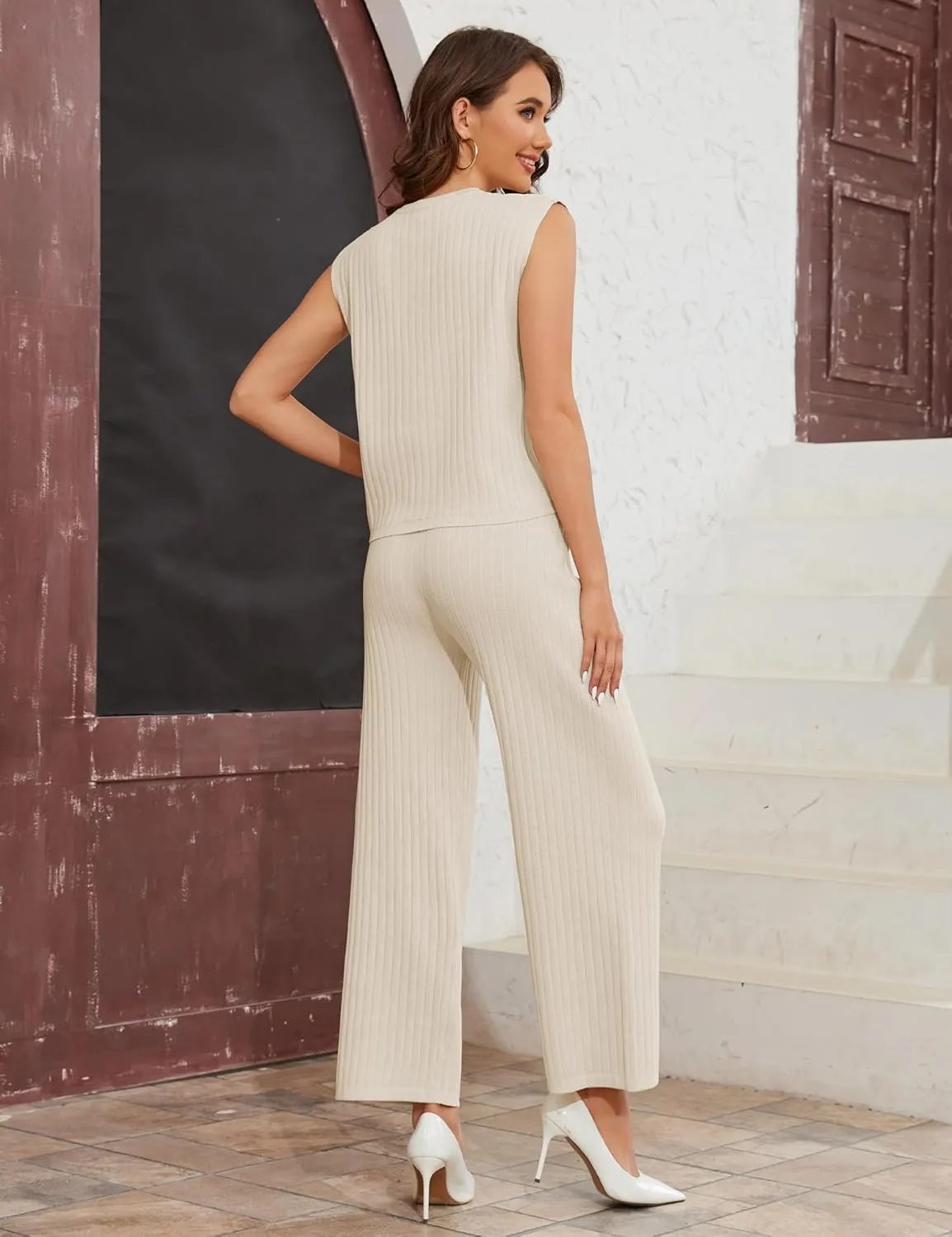 Womens 2 Piece Knit Lounge Set Sleeveless Ribbed Pullover Top and Wide Leg Pants Outfit