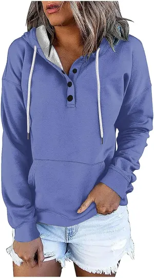 Womens 2024 Button Collar Hoodies Drawstring Hooded Pullover Sweatshirts Casual Long Sleeve Tops Shirts