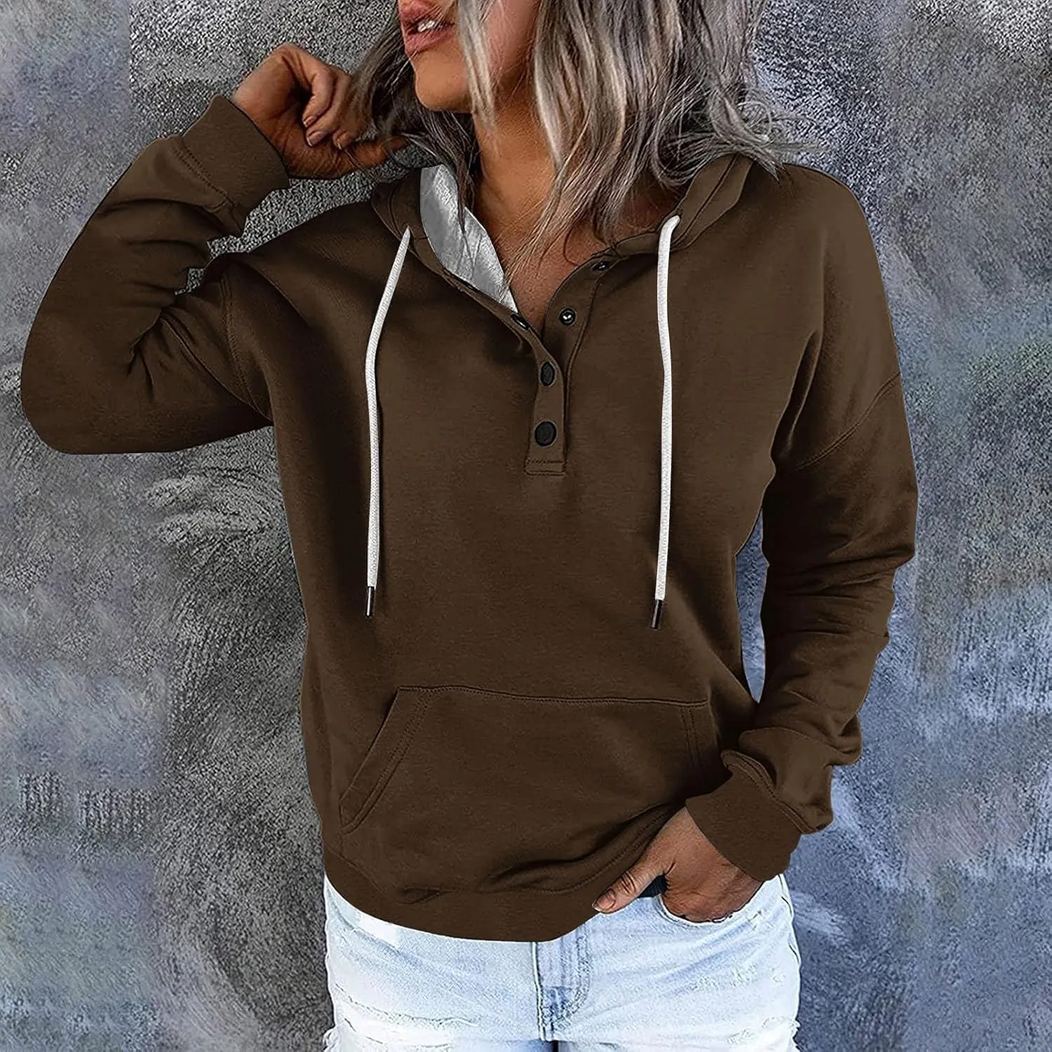 Womens 2024 Button Collar Hoodies Drawstring Hooded Pullover Sweatshirts Casual Long Sleeve Tops Shirts