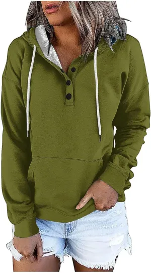 Womens 2024 Button Collar Hoodies Drawstring Hooded Pullover Sweatshirts Casual Long Sleeve Tops Shirts