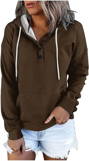 Womens 2024 Button Collar Hoodies Drawstring Hooded Pullover Sweatshirts Casual Long Sleeve Tops Shirts
