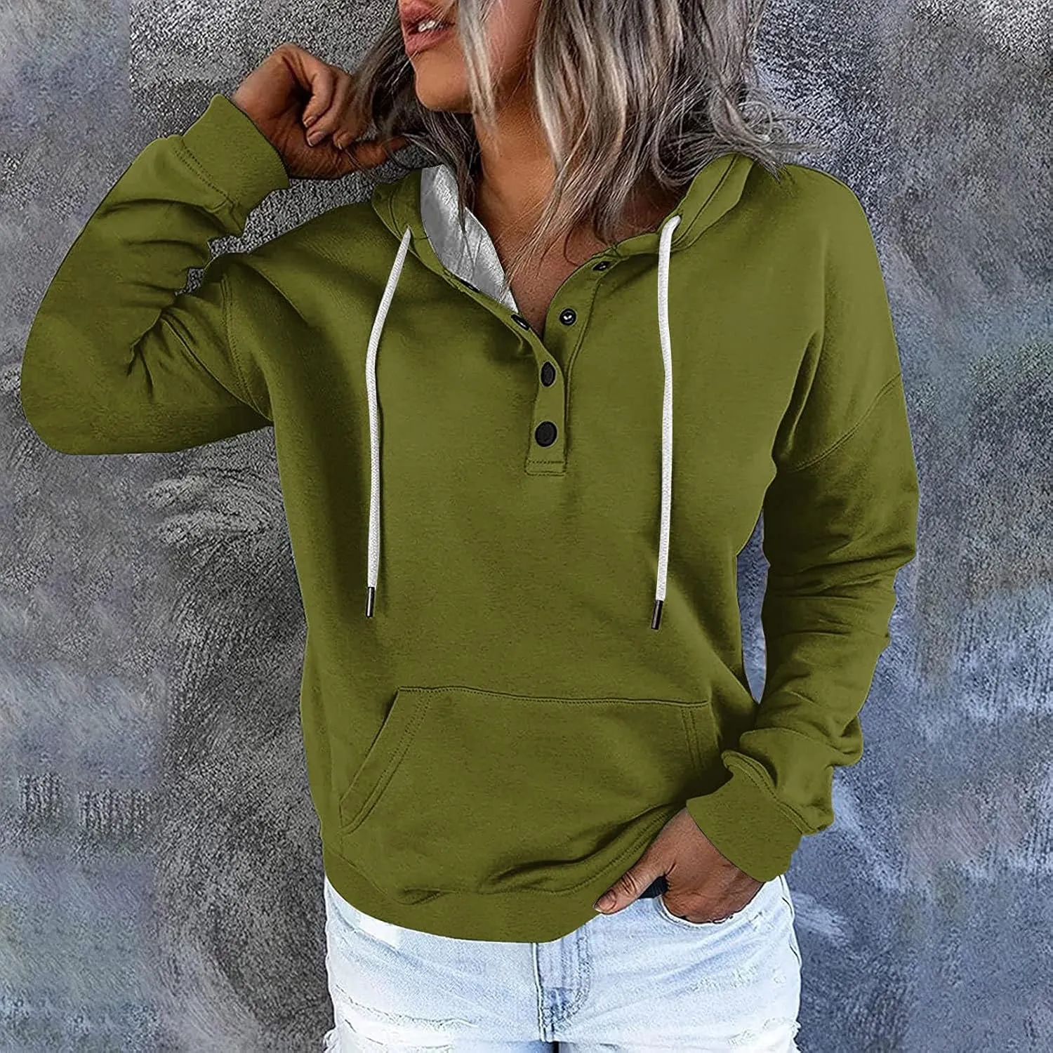 Womens 2024 Button Collar Hoodies Drawstring Hooded Pullover Sweatshirts Casual Long Sleeve Tops Shirts