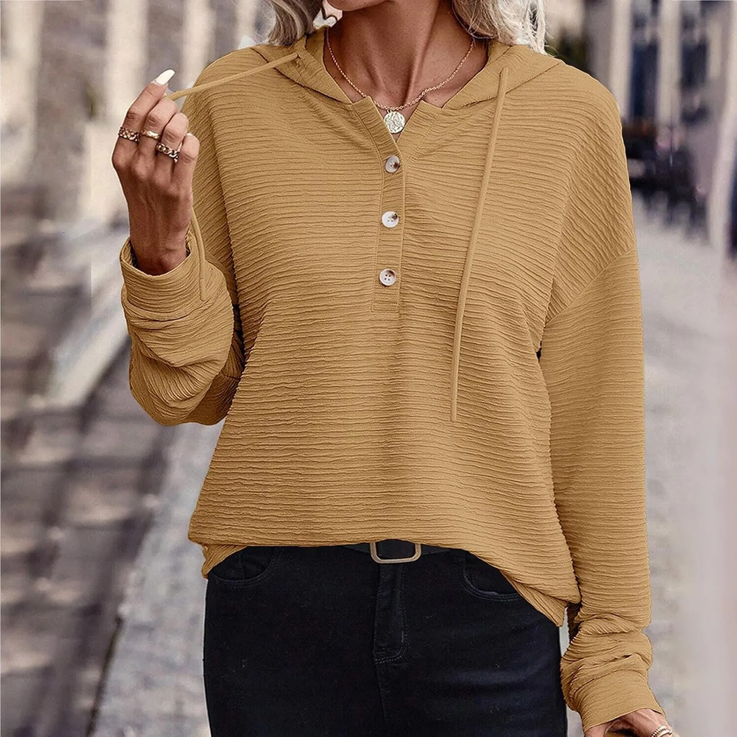 Womens 2024 Hooded Button Drawstring Hoodies Pullover Sweatshirts Casual Long Sleeve Tops Shirts Trendy Warm Tops