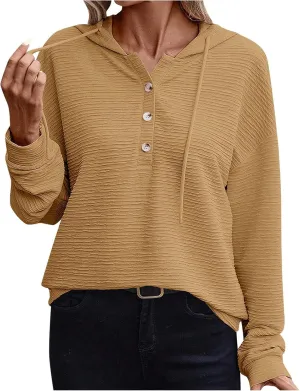 Womens 2024 Hooded Button Drawstring Hoodies Pullover Sweatshirts Casual Long Sleeve Tops Shirts Trendy Warm Tops