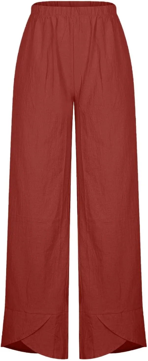 Womens 2024 Linen Pants Summer Wide Leg Pants Cropped Tulip Beach Pants Loose Casual Lounge Pants Trousers