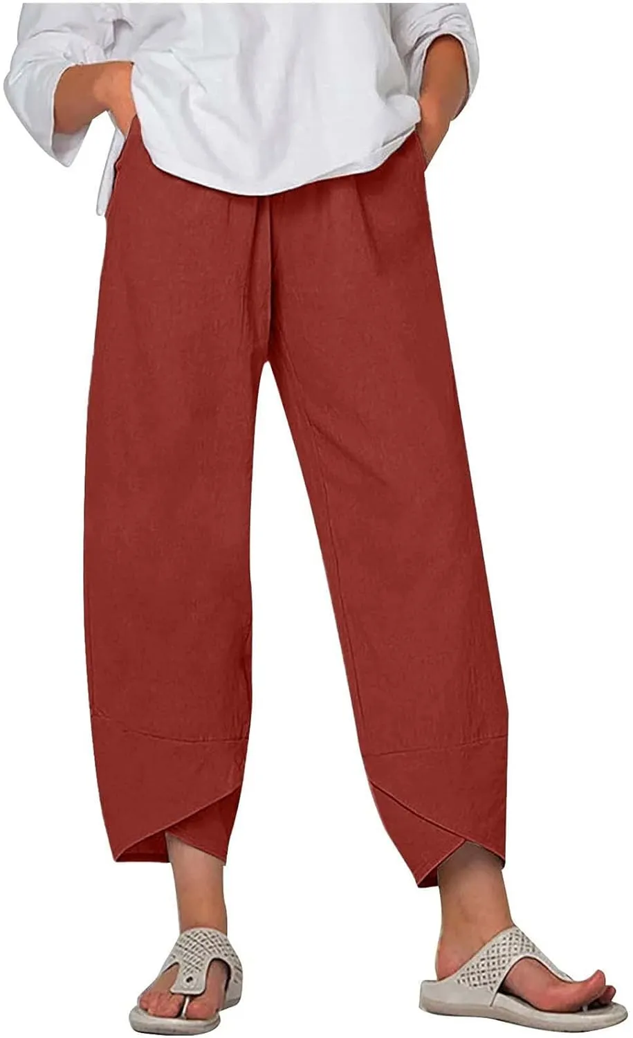 Womens 2024 Linen Pants Summer Wide Leg Pants Cropped Tulip Beach Pants Loose Casual Lounge Pants Trousers