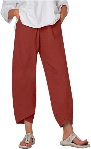 Womens 2024 Linen Pants Summer Wide Leg Pants Cropped Tulip Beach Pants Loose Casual Lounge Pants Trousers
