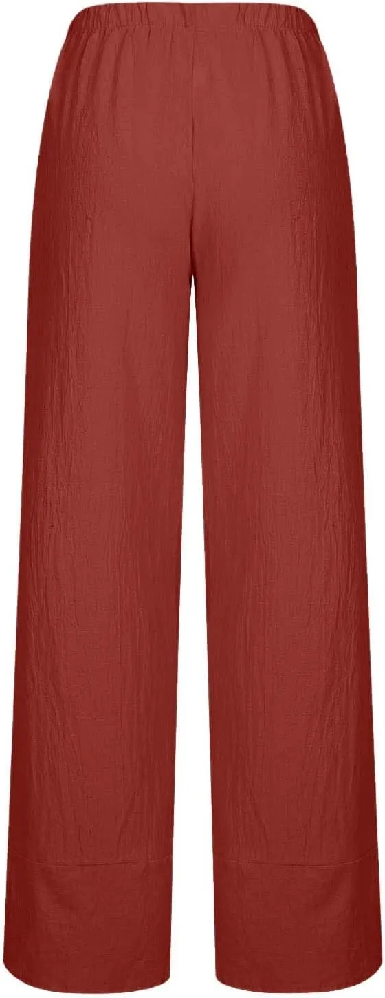Womens 2024 Linen Pants Summer Wide Leg Pants Cropped Tulip Beach Pants Loose Casual Lounge Pants Trousers