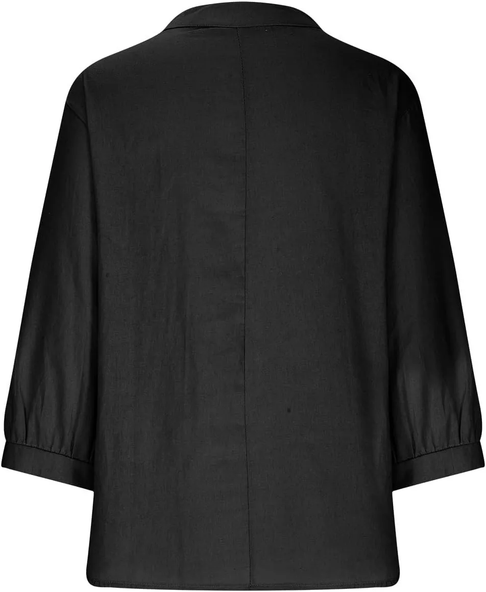 Womens 3/4 Length Sleeve Cotton Linen Tops 2024 Summer V Neck Button Up T Shirts Casual Basic Flowy Comfy Tunics