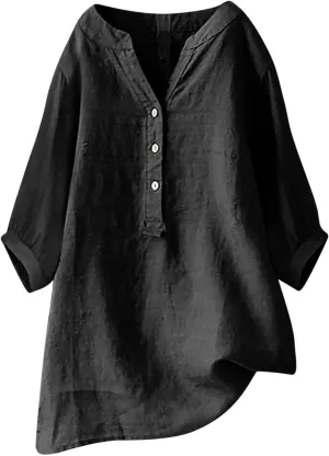 Womens 3/4 Length Sleeve Cotton Linen Tops 2024 Summer V Neck Button Up T Shirts Casual Basic Flowy Comfy Tunics