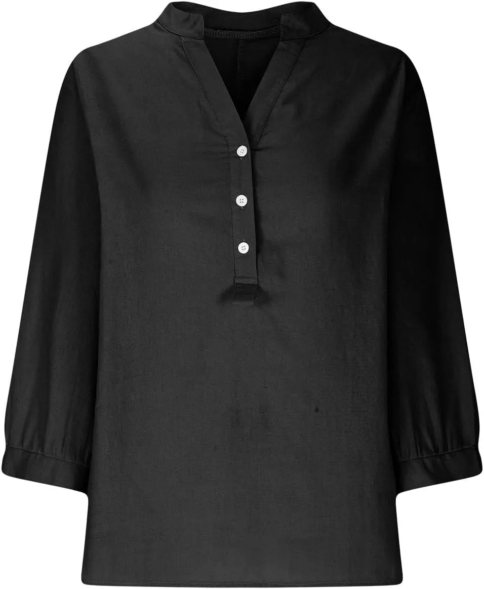 Womens 3/4 Length Sleeve Cotton Linen Tops 2024 Summer V Neck Button Up T Shirts Casual Basic Flowy Comfy Tunics