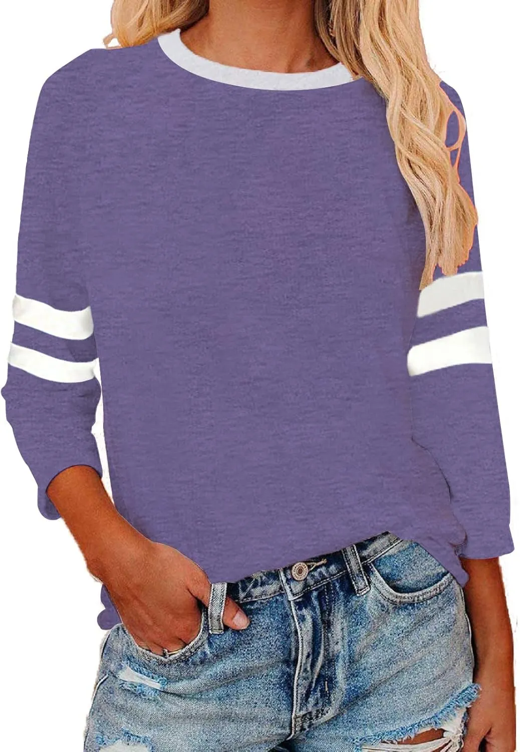 Womens 3/4 Sleeve Shirts Summer Crewneck T-Shirts Loose Basic Tops Cotton Blend Tops for Women