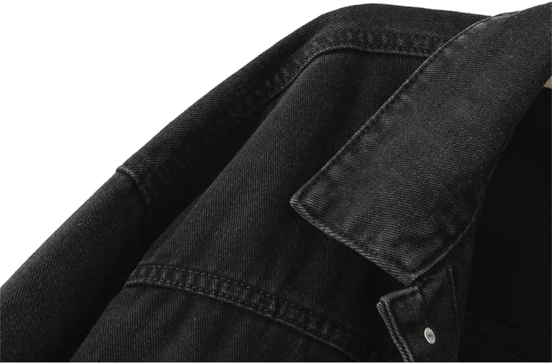Women's Black Denim Jacket Pocket Single-Breasted Casual Lapel Denim Jacket