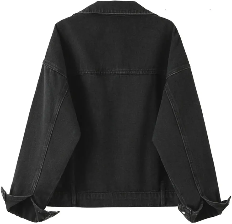 Women's Black Denim Jacket Pocket Single-Breasted Casual Lapel Denim Jacket