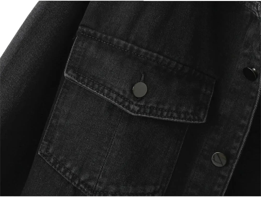 Women's Black Denim Jacket Pocket Single-Breasted Casual Lapel Denim Jacket