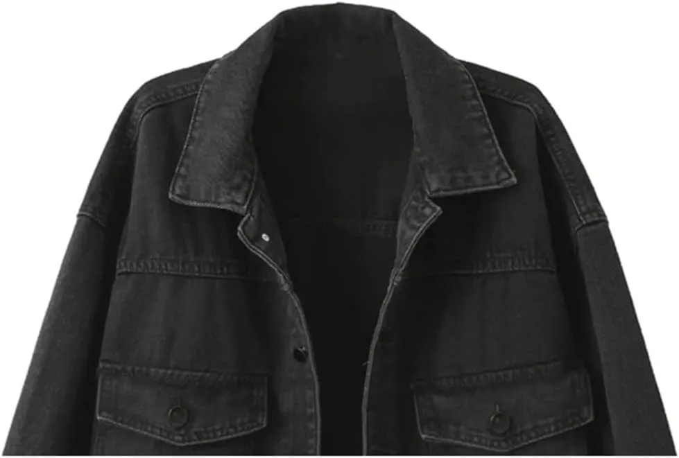 Women's Black Denim Jacket Pocket Single-Breasted Casual Lapel Denim Jacket