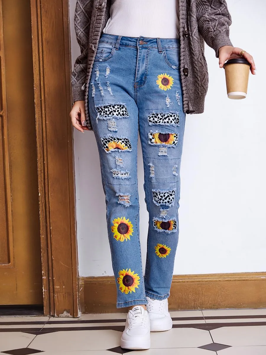 Womens Boyfriend Plaid Patch Ripped Denim Jeans with Hole Stretchy Skinny Flowers Denim Pants