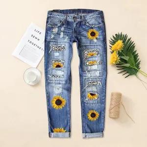 Womens Boyfriend Plaid Patch Ripped Denim Jeans with Hole Stretchy Skinny Flowers Denim Pants