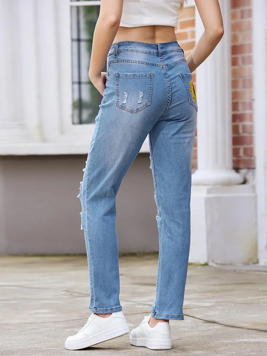 Womens Boyfriend Plaid Patch Ripped Denim Jeans with Hole Stretchy Skinny Flowers Denim Pants