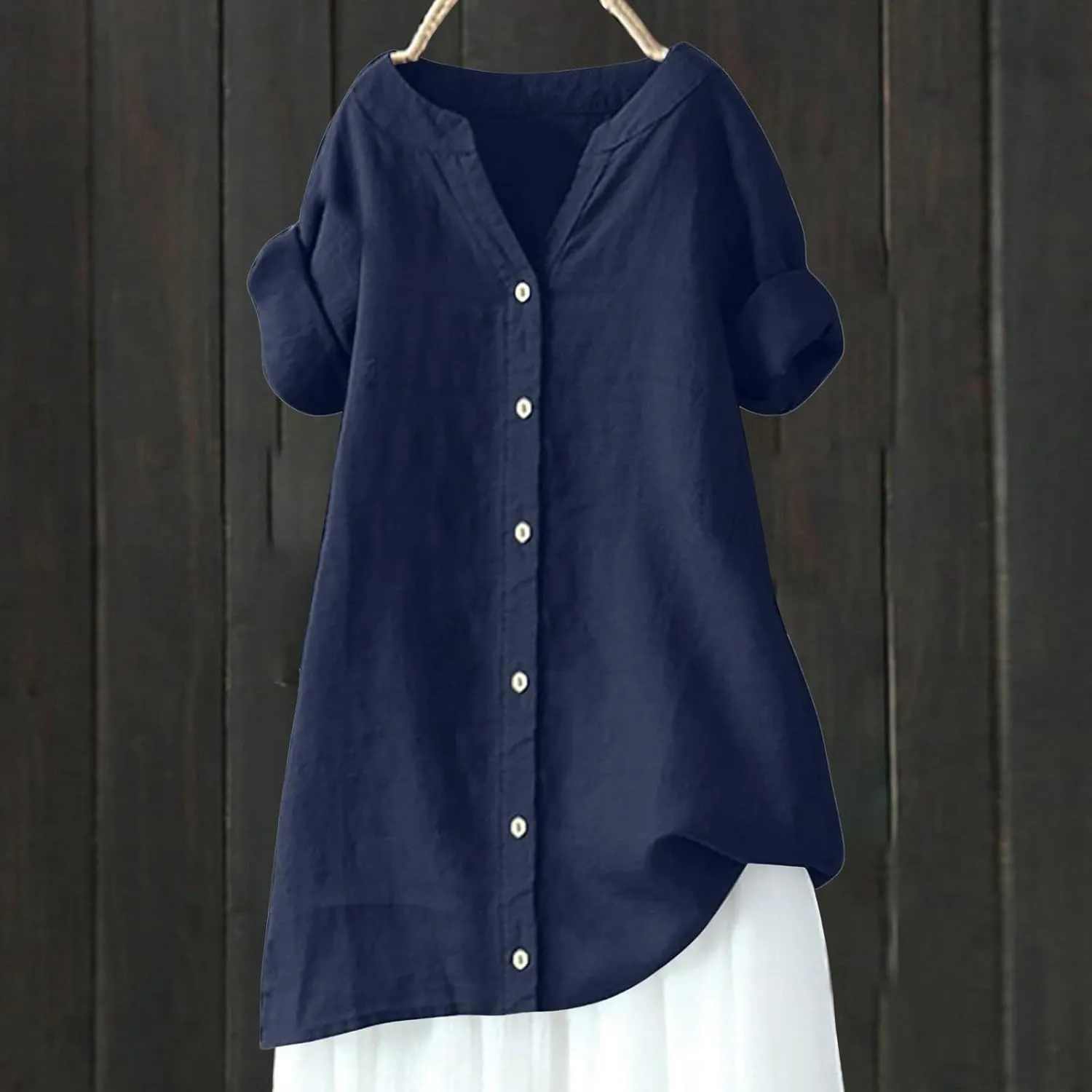Womens Button Down Shirt V-Neck Long Sleeve Linen Summer Casual Trendy Blouse Tops Loose Tee Tops