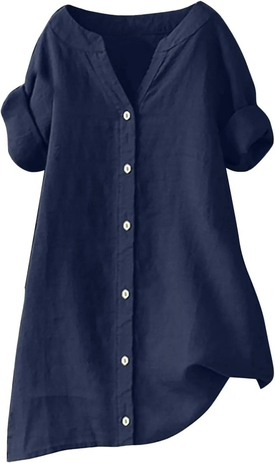 Womens Button Down Shirt V-Neck Long Sleeve Linen Summer Casual Trendy Blouse Tops Loose Tee Tops