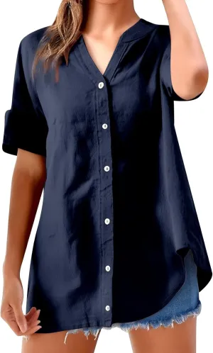Womens Button Down Shirt V-Neck Long Sleeve Linen Summer Casual Trendy Blouse Tops Loose Tee Tops