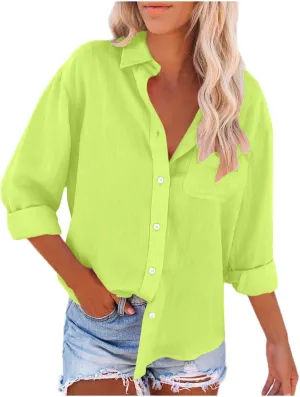Womens Button Down Shirts Summer Long Sleeve Rolled Cotton Linen Tees Casual V Neck Collared Dressy Tops with Pocket
