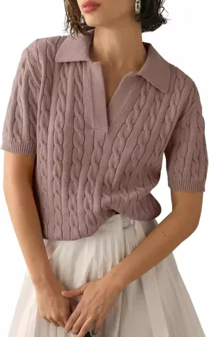 Womens Cable Knit Sweater T-Shirt V Neck Short Sleeve Knit Tops Summer Trendy Pullover Tops Knitwear
