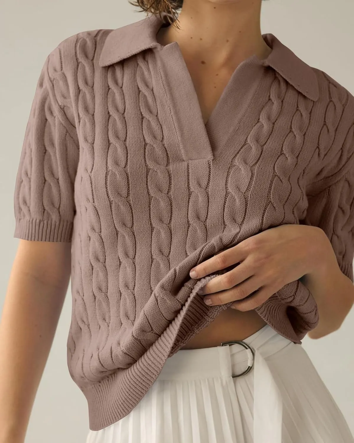 Womens Cable Knit Sweater T-Shirt V Neck Short Sleeve Knit Tops Summer Trendy Pullover Tops Knitwear