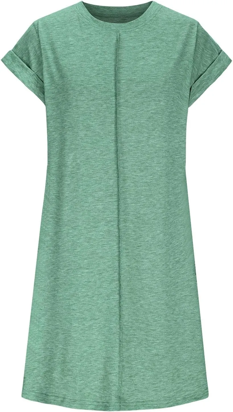 Womens Casual Comfy T Shirt Dress Summer Cuffed Short Sleeve Crewneck Mini Dresses Solid Loungewear Tunic Dress