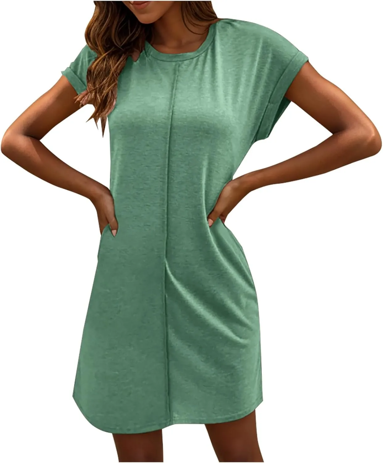 Womens Casual Comfy T Shirt Dress Summer Cuffed Short Sleeve Crewneck Mini Dresses Solid Loungewear Tunic Dress