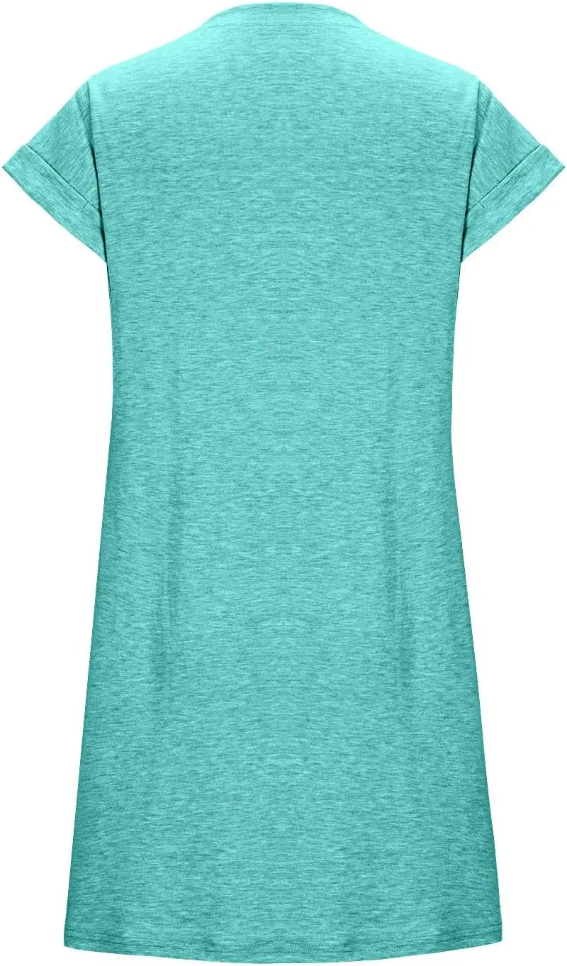 Womens Casual Comfy T Shirt Dress Summer Cuffed Short Sleeve Crewneck Mini Dresses Solid Loungewear Tunic Dress