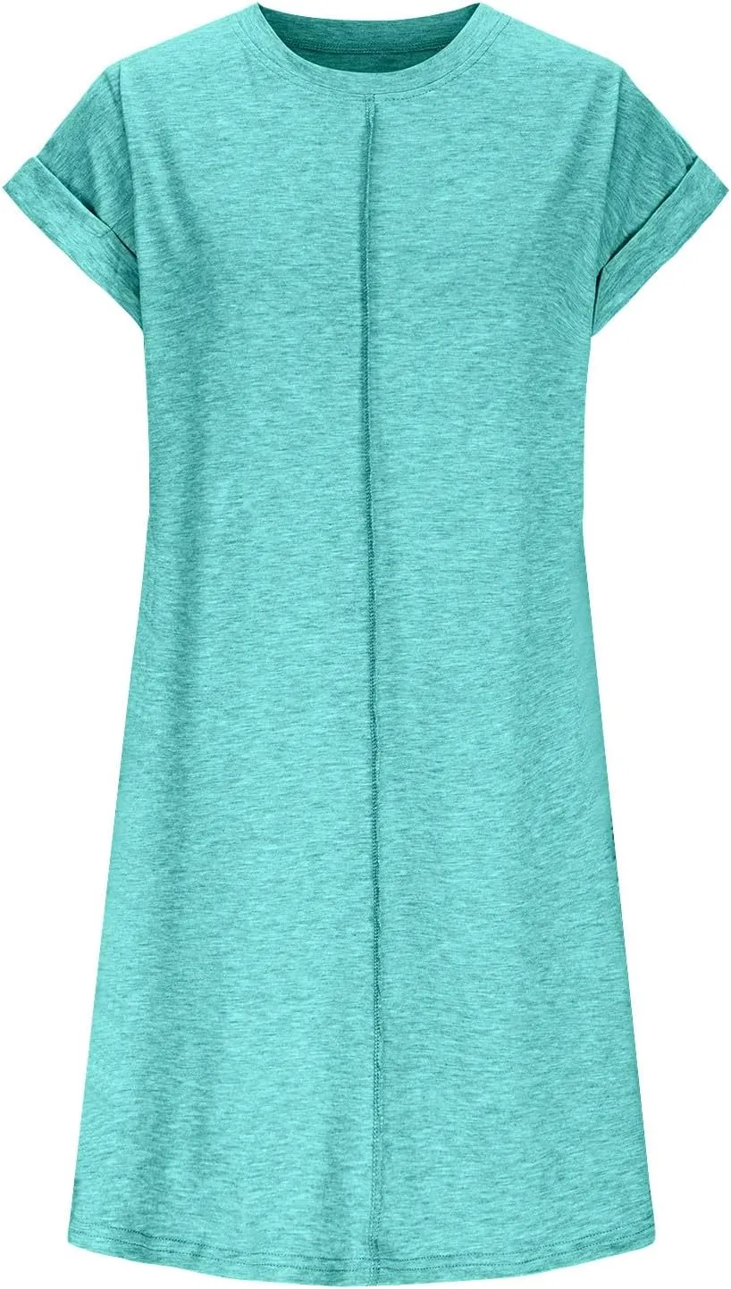 Womens Casual Comfy T Shirt Dress Summer Cuffed Short Sleeve Crewneck Mini Dresses Solid Loungewear Tunic Dress