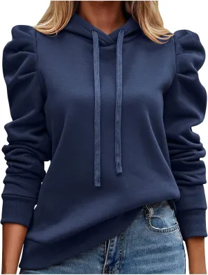 Womens Casual Cropped Hoodies Long Puff Sleeve Crop Tunics Pullover Drawstring Cute Tops Trendy Fall Outfits 2024