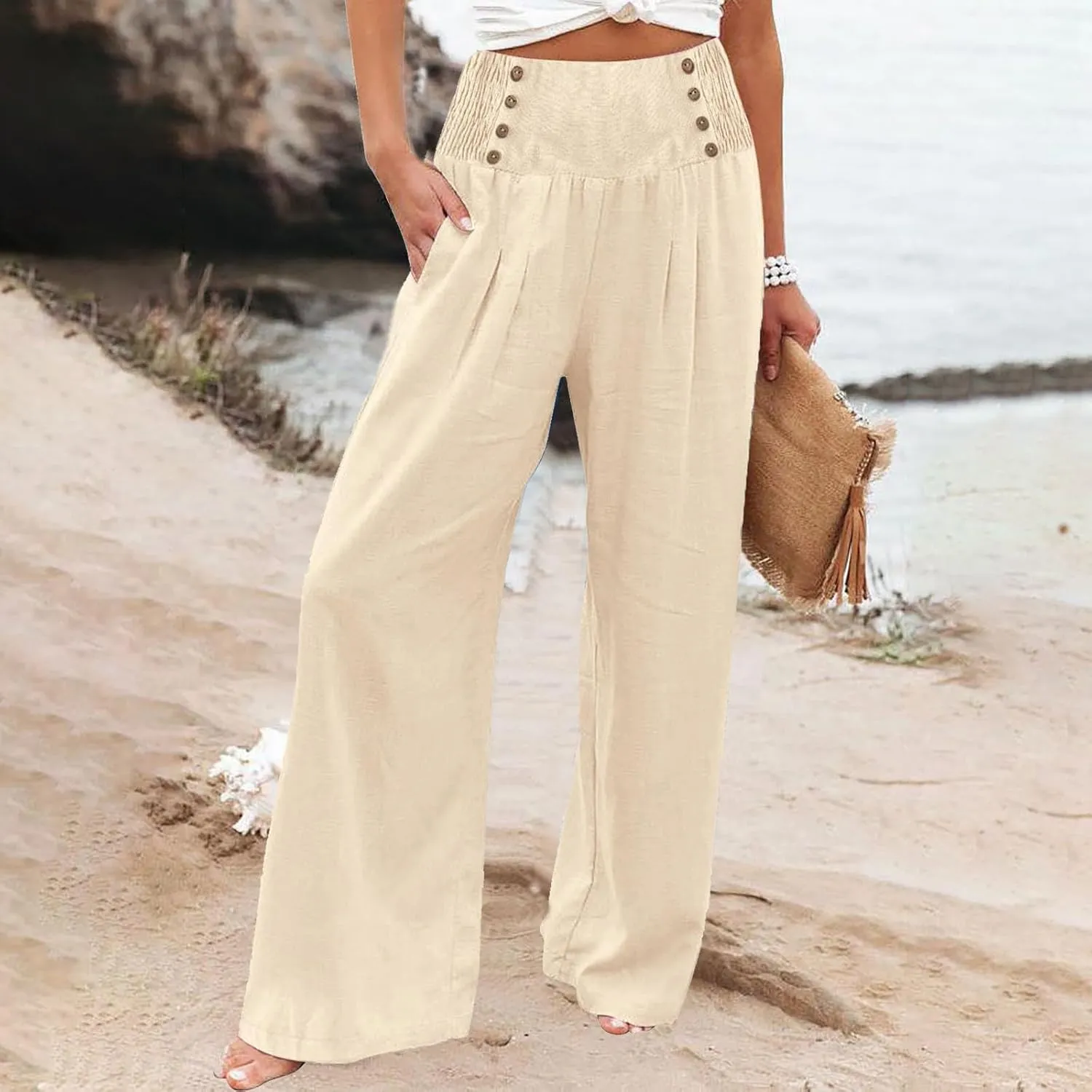 Womens Casual Pants Straight Leg Pants Elastic High Waist Long Pants Soft Comfy Work Trousers Lounge Pants Pockets