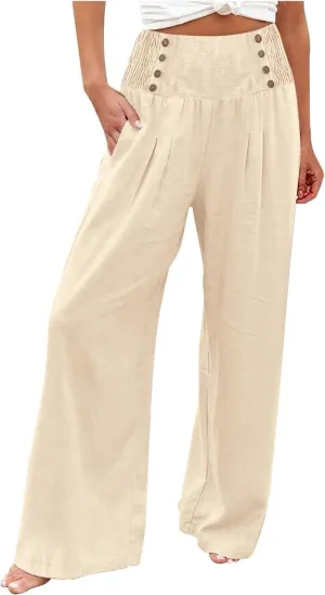 Womens Casual Pants Straight Leg Pants Elastic High Waist Long Pants Soft Comfy Work Trousers Lounge Pants Pockets