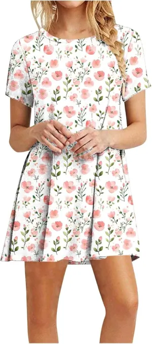 Women's Casual Tshirt Dress Fashion Floral Print Round Neck Short Sleeve Loose Dresses Summer Lightweight Loungewear