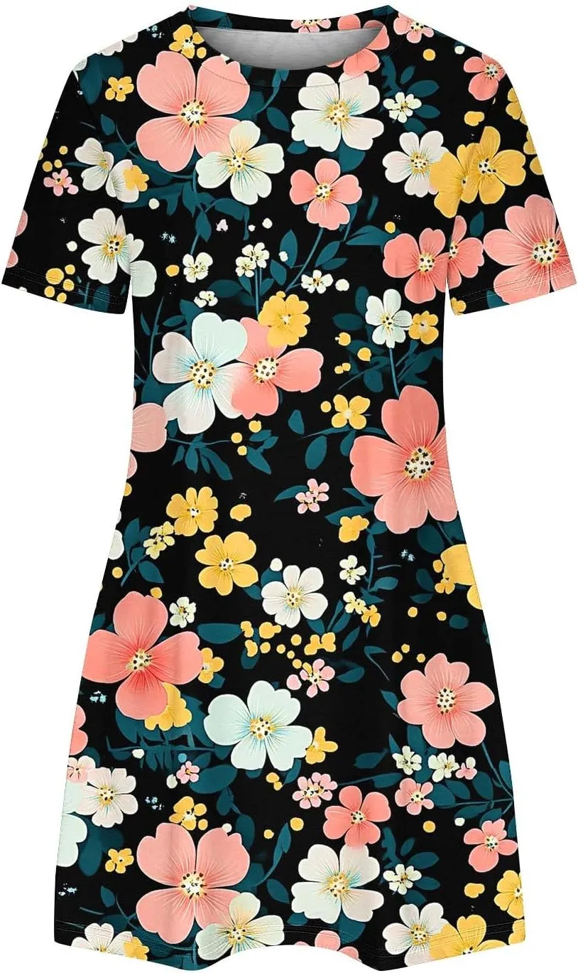 Women's Casual Tshirt Dress Fashion Floral Print Round Neck Short Sleeve Loose Dresses Summer Lightweight Loungewear
