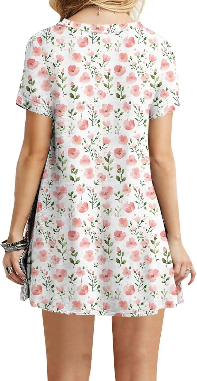 Women's Casual Tshirt Dress Fashion Floral Print Round Neck Short Sleeve Loose Dresses Summer Lightweight Loungewear