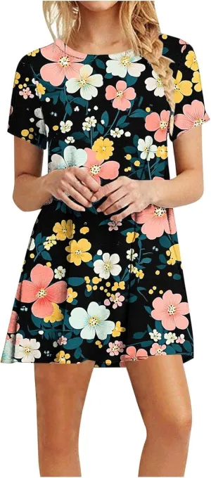 Women's Casual Tshirt Dress Fashion Floral Print Round Neck Short Sleeve Loose Dresses Summer Lightweight Loungewear