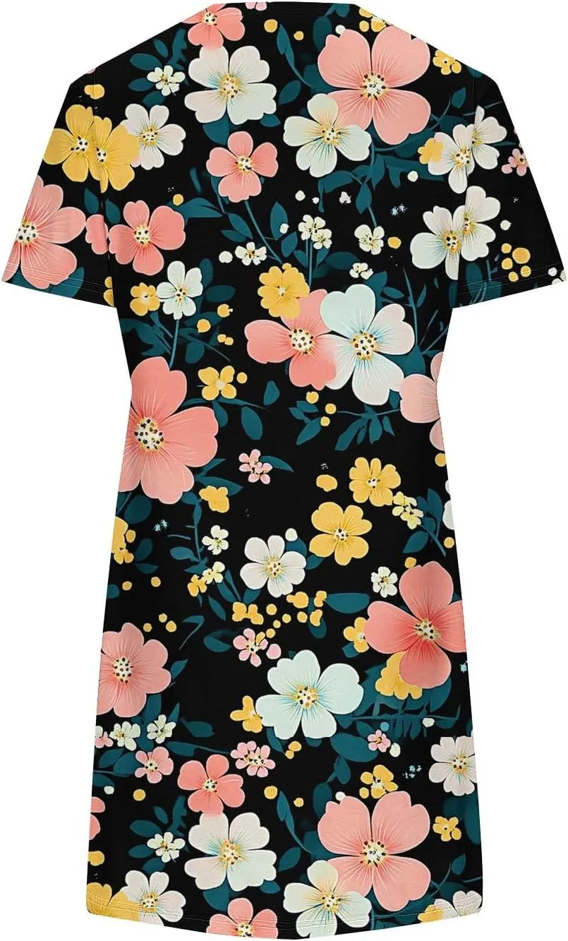 Women's Casual Tshirt Dress Fashion Floral Print Round Neck Short Sleeve Loose Dresses Summer Lightweight Loungewear