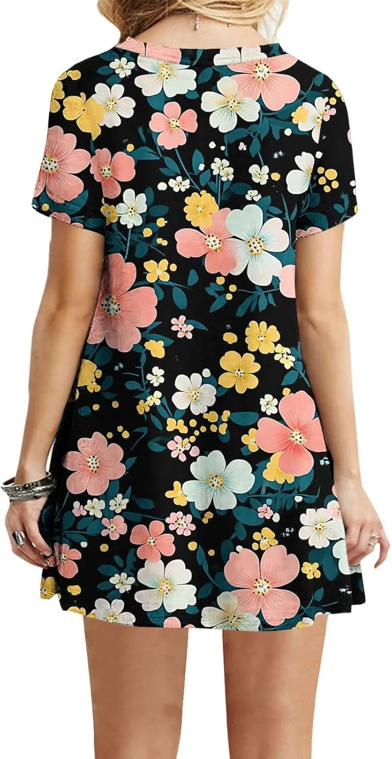 Women's Casual Tshirt Dress Fashion Floral Print Round Neck Short Sleeve Loose Dresses Summer Lightweight Loungewear