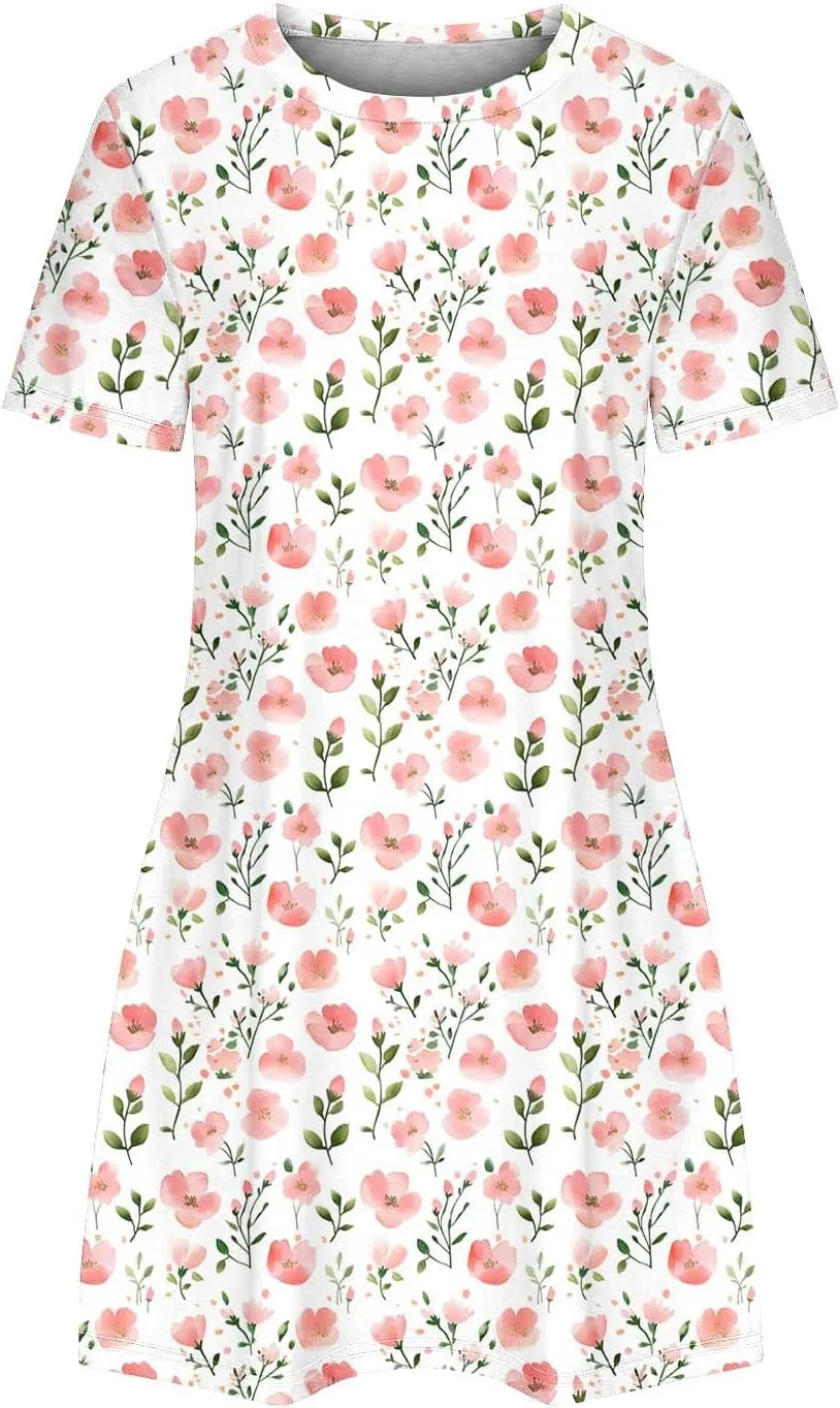 Women's Casual Tshirt Dress Fashion Floral Print Round Neck Short Sleeve Loose Dresses Summer Lightweight Loungewear