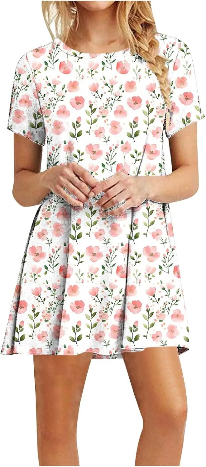 Women's Casual Tshirt Dress Fashion Floral Print Round Neck Short Sleeve Loose Dresses Summer Lightweight Loungewear