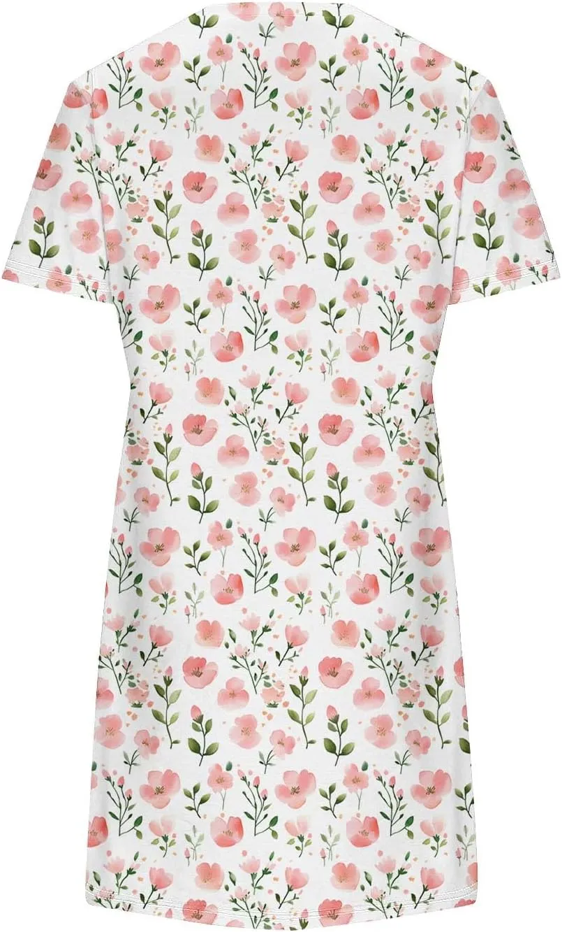 Women's Casual Tshirt Dress Fashion Floral Print Round Neck Short Sleeve Loose Dresses Summer Lightweight Loungewear