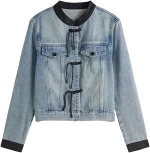 Women's Chinese Round Neck Denim Jacket Four Seasons Casual Short Denim Jacket