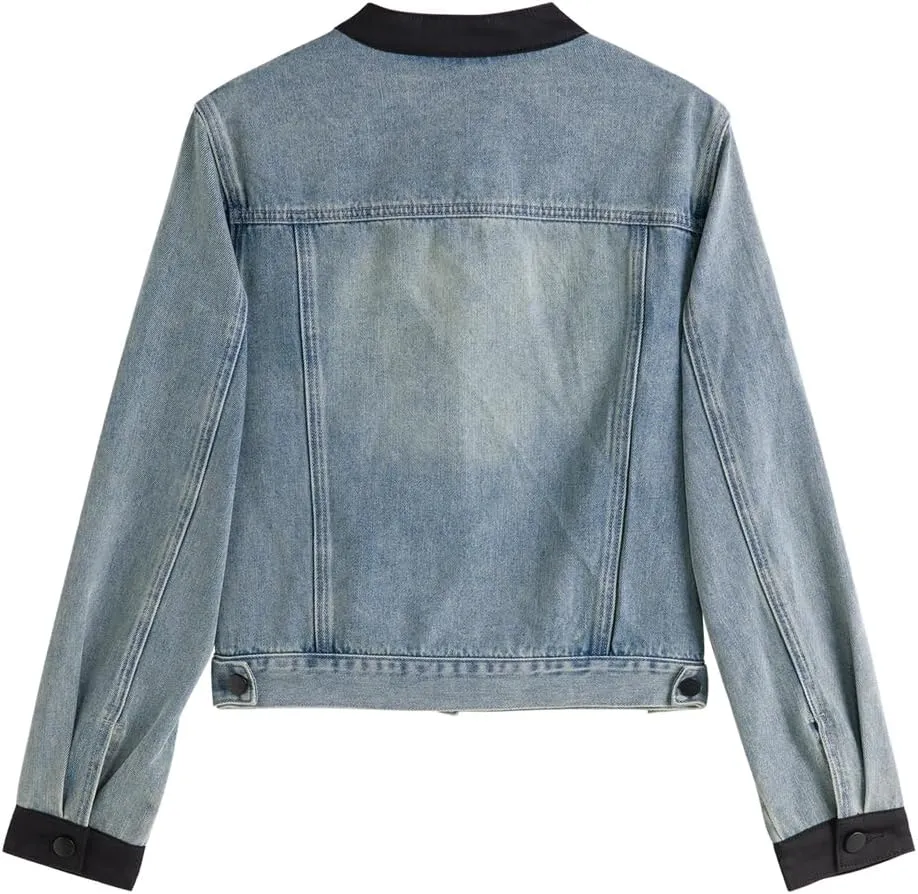 Women's Chinese Round Neck Denim Jacket Four Seasons Casual Short Denim Jacket