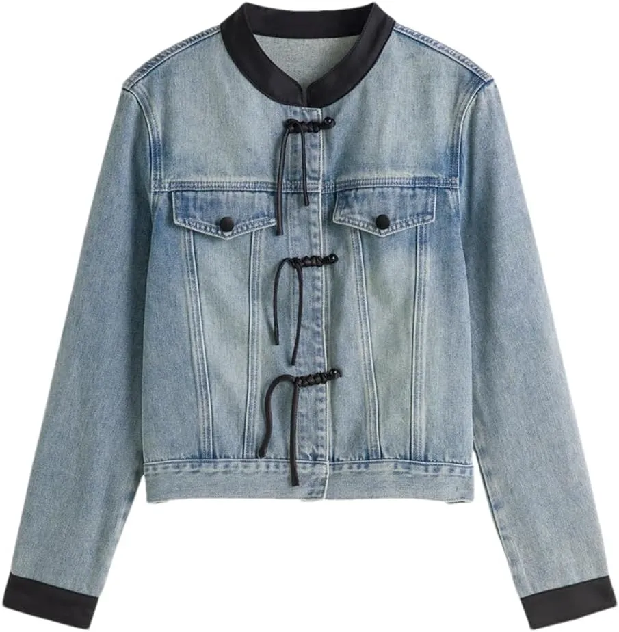 Women's Chinese Round Neck Denim Jacket Four Seasons Casual Short Denim Jacket