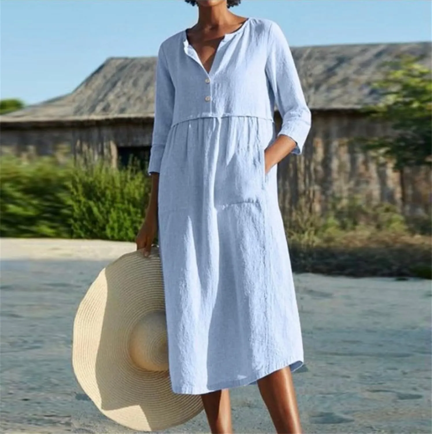 Womens Cotton Linen Dresses 3/4 Sleeve Maxi Long Dress Round Neck Button Casual Dress Casual Plain Loungewear Dresses